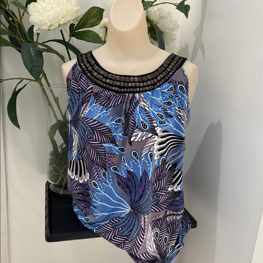 New Directions Blue and White Asymmetrical Embellished Tank Top